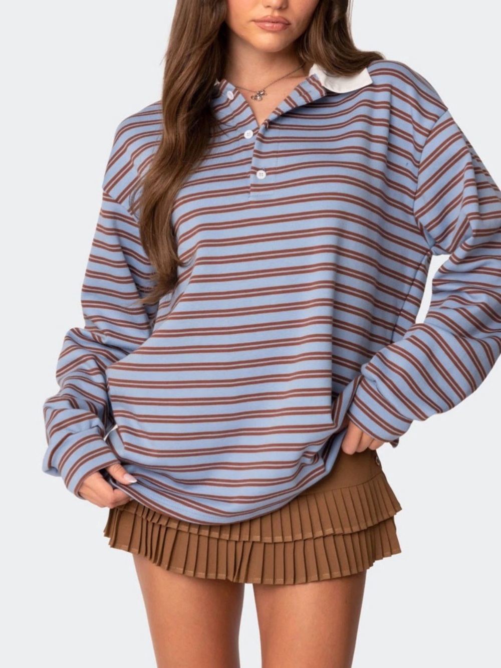 Edikted Stripey Oversized Collared Polo Shirt in Light Blue and Brown